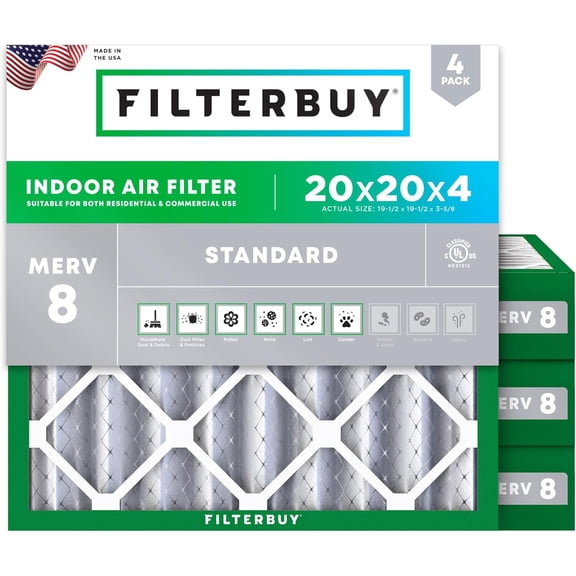 Filterbuy 20x20x4 Air Filter MERV 8 Dust Defense, Pleated HVAC AC Furnace Filter Replacement, 4-Pack