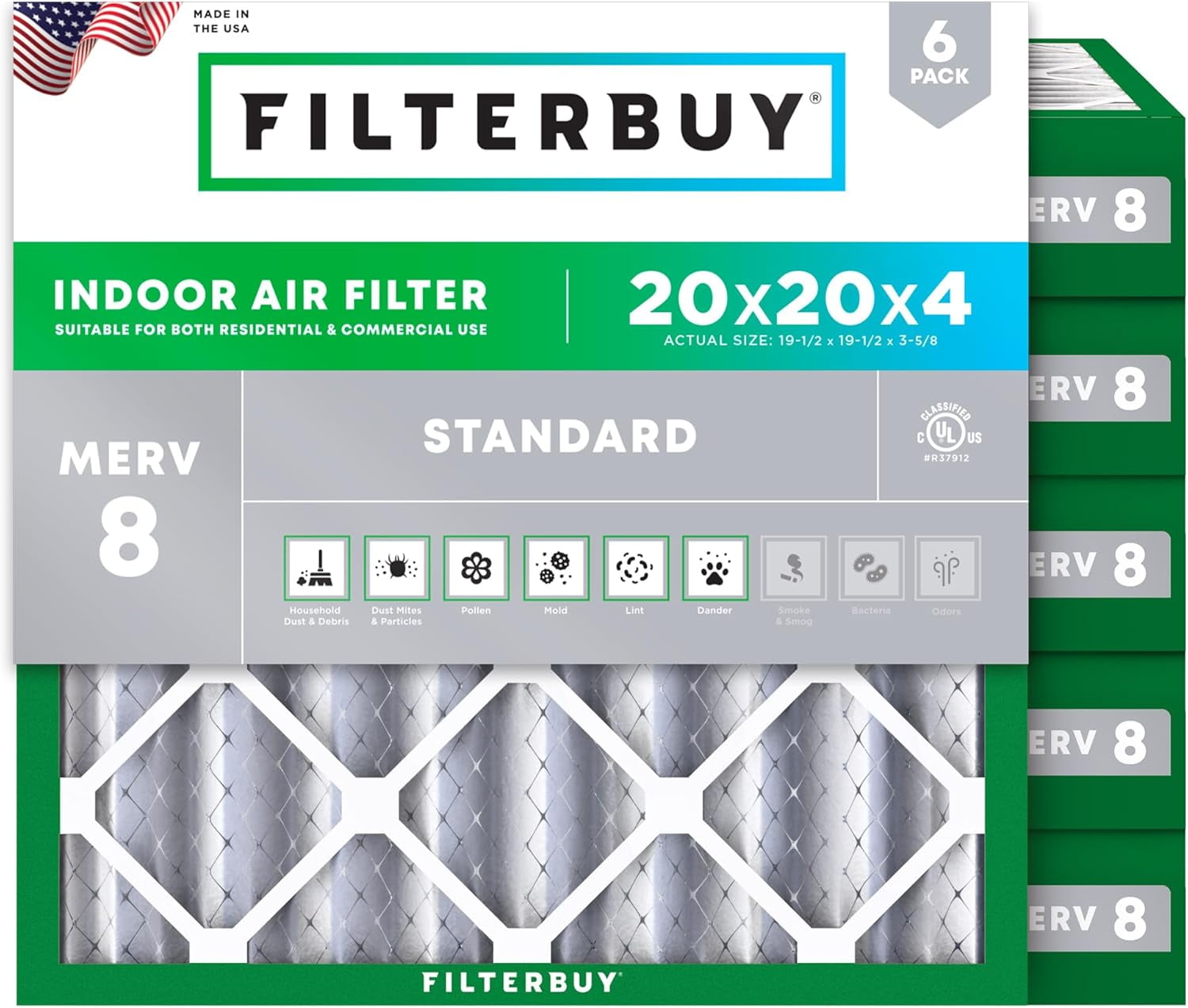 Filterbuy 20x20x4 Air Filter MERV 8 Dust Defense, Pleated HVAC AC Furnace Filter Replacement, 6-Pack
