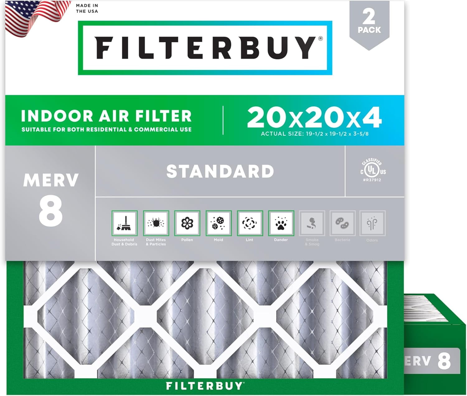 Filterbuy 20x20x4 Air Filter MERV 8 Dust Defense, Pleated HVAC AC Furnace Filter Replacement, 2-Pack