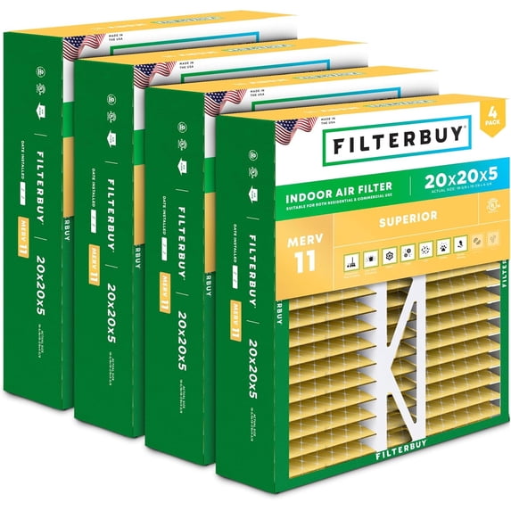 Filterbuy 20x20x5 Air Filter MERV 11 Allergy Defense, Pleated HVAC AC Furnace Filter Replacement for Honeywell & More, 4-Pack