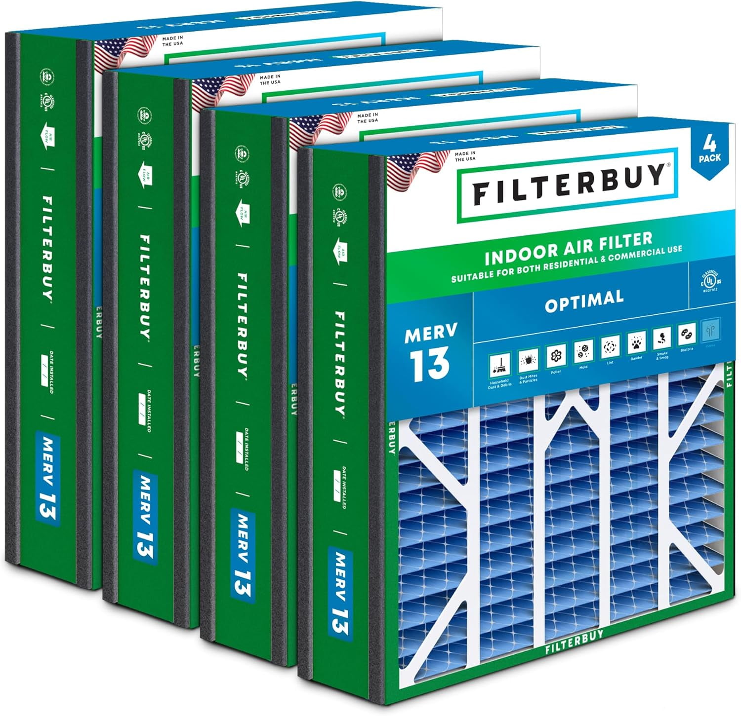 Filterbuy 20x20x5 MERV 13 Air Filter 4-Pack, Pleated HVAC Furnace Replacement For Amana, Goodman, York & More (Actual Size 20.25 X 20.75 X 5.25)