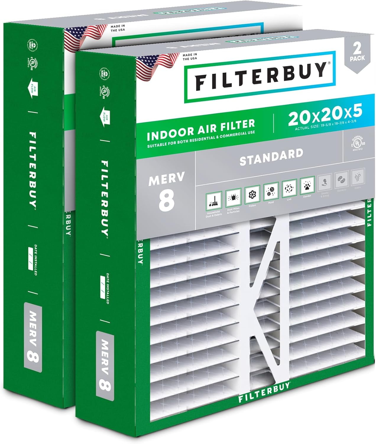 Filterbuy 20x20x5 Air Filter MERV 8 Dust Defense, Pleated HVAC AC Furnace Filter Replacement for Honeywell & More, 2-Pack