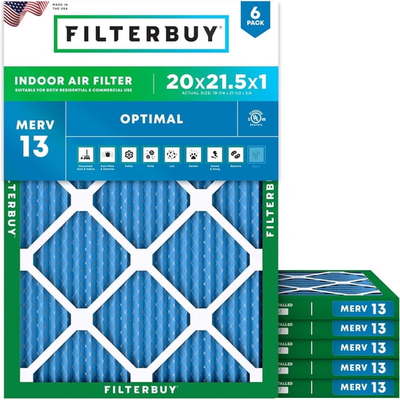 Filterbuy 20x21.5x1 Air Filter MERV 13 Smoke Defense, Pleated HVAC AC Furnace Filter Replacement, 6-Pack