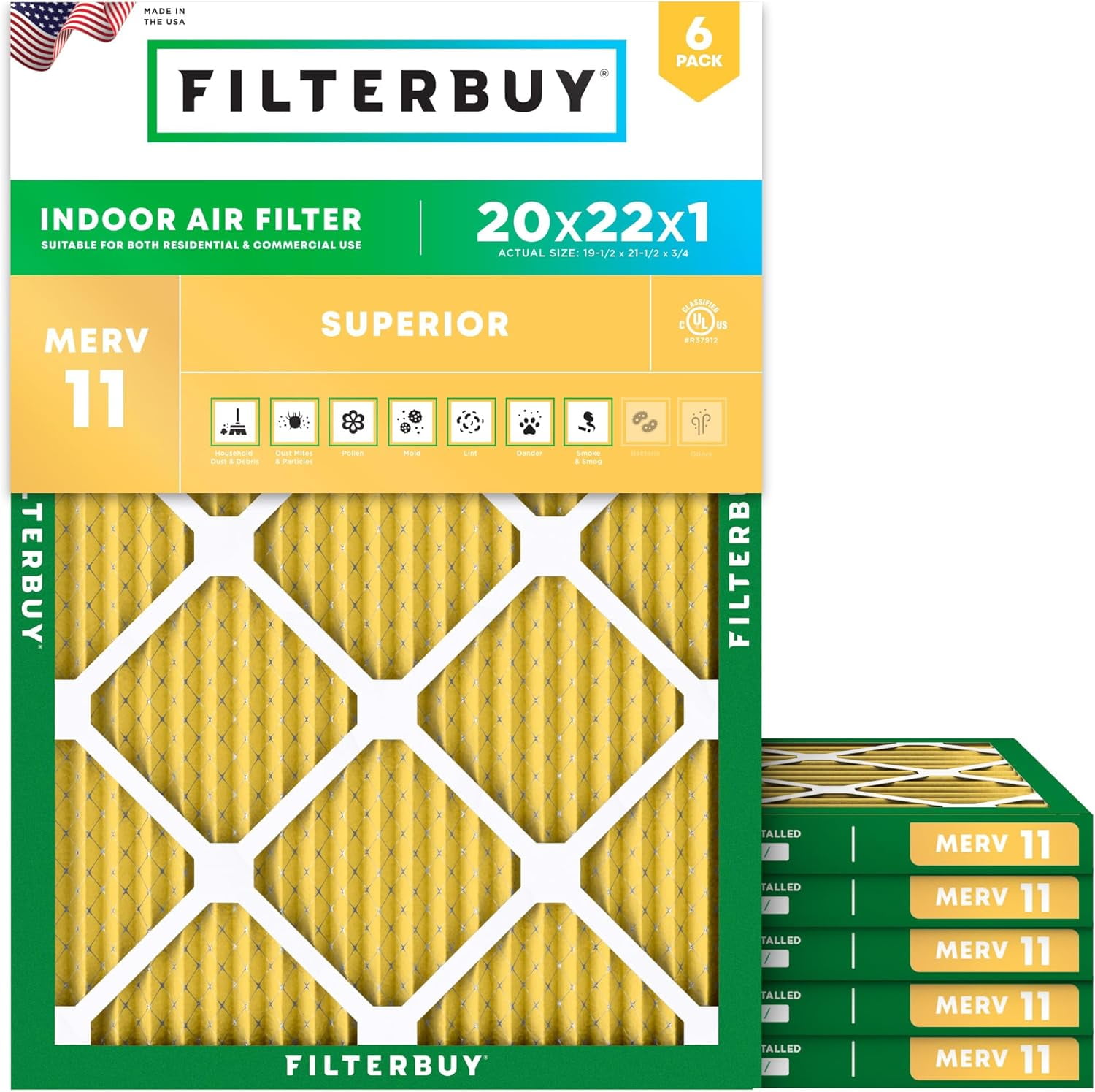 Filterbuy 20x22x1 Air Filter MERV 11 Allergy Defense, Pleated HVAC AC Furnace Filter Replacement, 6-Pack