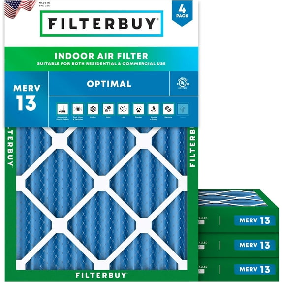 Filterbuy 20x22x2 Air Filter MERV 13 Smoke Defense, Pleated HVAC AC Furnace Filter Replacement, 4-Pack