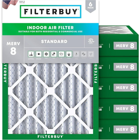 Filterbuy 20x22x4 Air Filter MERV 8 Dust Defense, Pleated HVAC AC Furnace Filter Replacement, 6-Pack