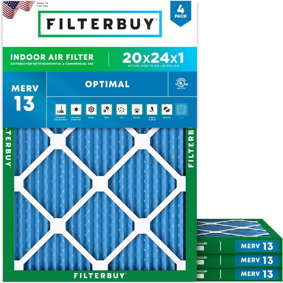 Filterbuy 20x24x1 Air Filter MERV 13 Smoke Defense, Pleated HVAC AC Furnace Filter Replacement, 4-Pack