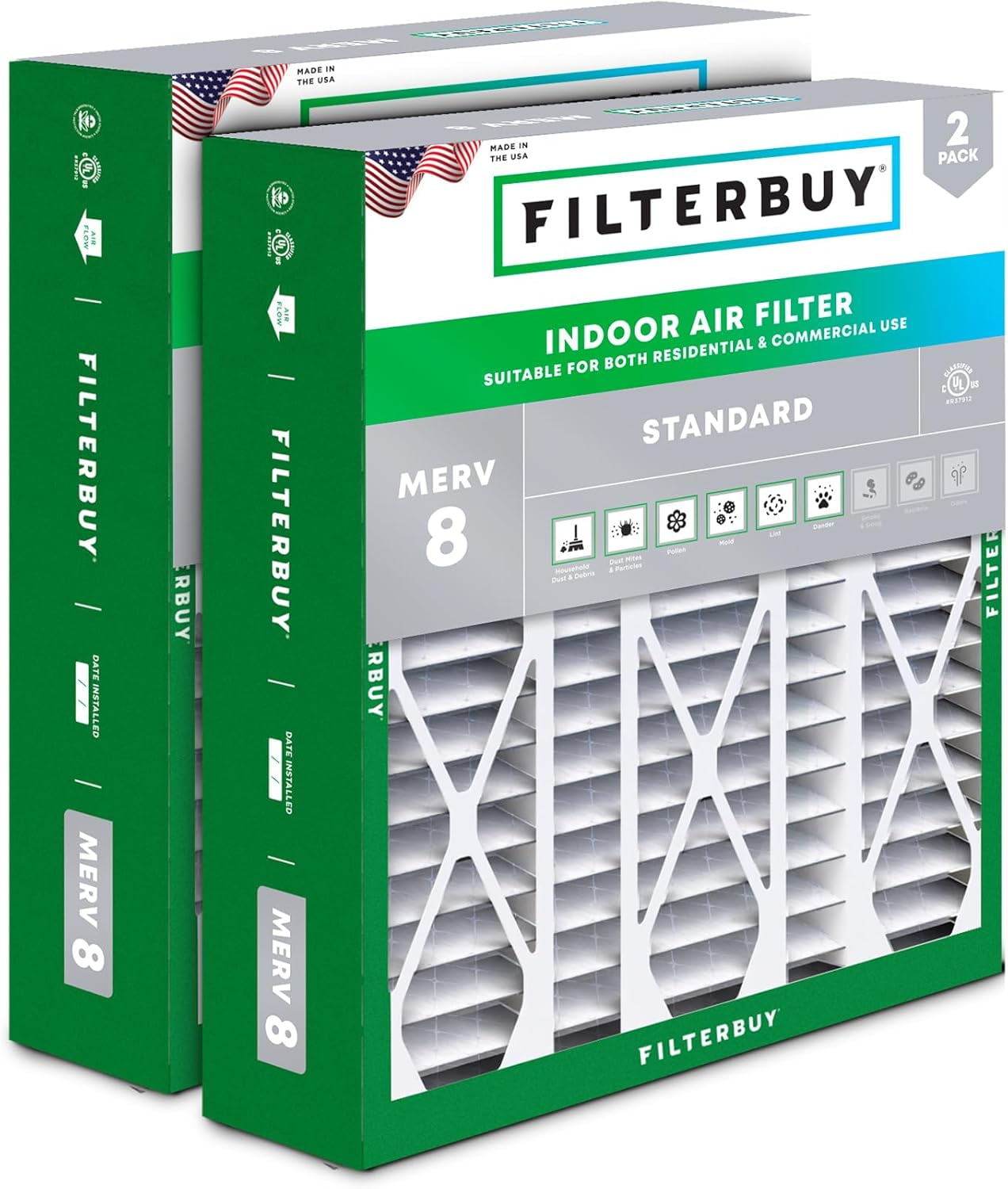 Filterbuy 20x25.25x3.5 Air Filter MERV 8 Dust Defense, Pleated HVAC AC Furnace Filter Replacement for Aprilaire Space-Gard 2120, 2-Pack