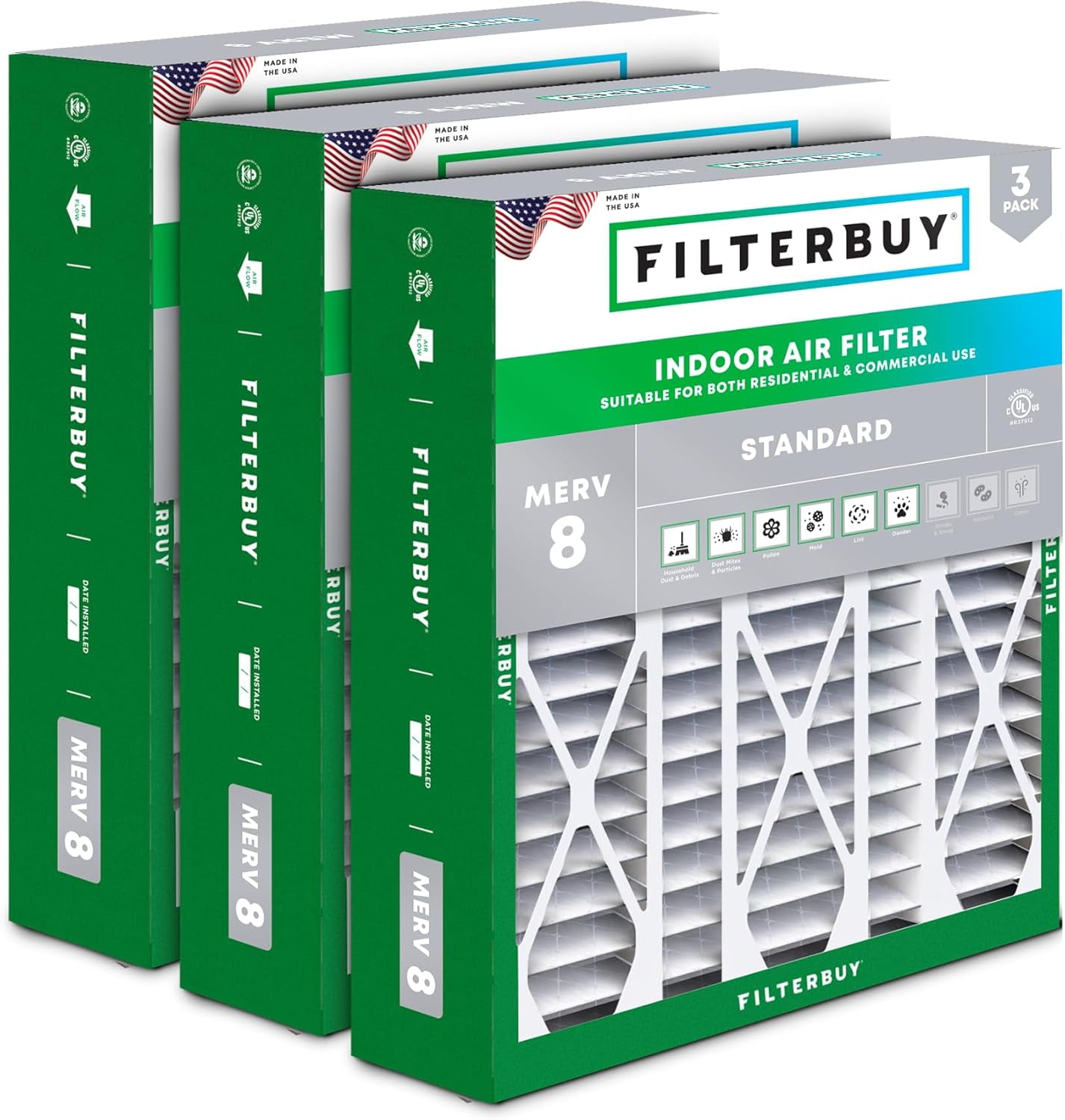 Filterbuy 20x25.25x3.5 Air Filter MERV 8 Dust Defense, Pleated HVAC AC Furnace Filter Replacement for Aprilaire Space-Gard 2120, 3-Pack