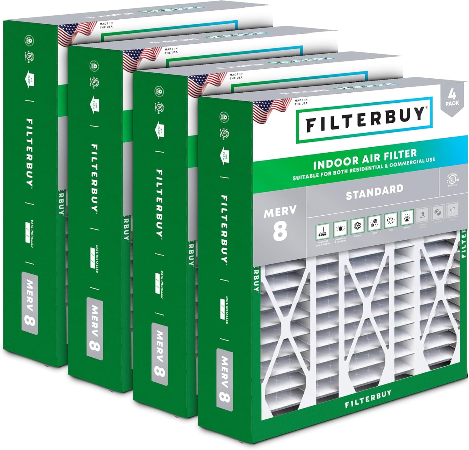Filterbuy 20x25.25x3.5 Air Filter MERV 8 Dust Defense, Pleated HVAC AC Furnace Filter Replacement for Aprilaire Space-Gard 2120, 4-Pack