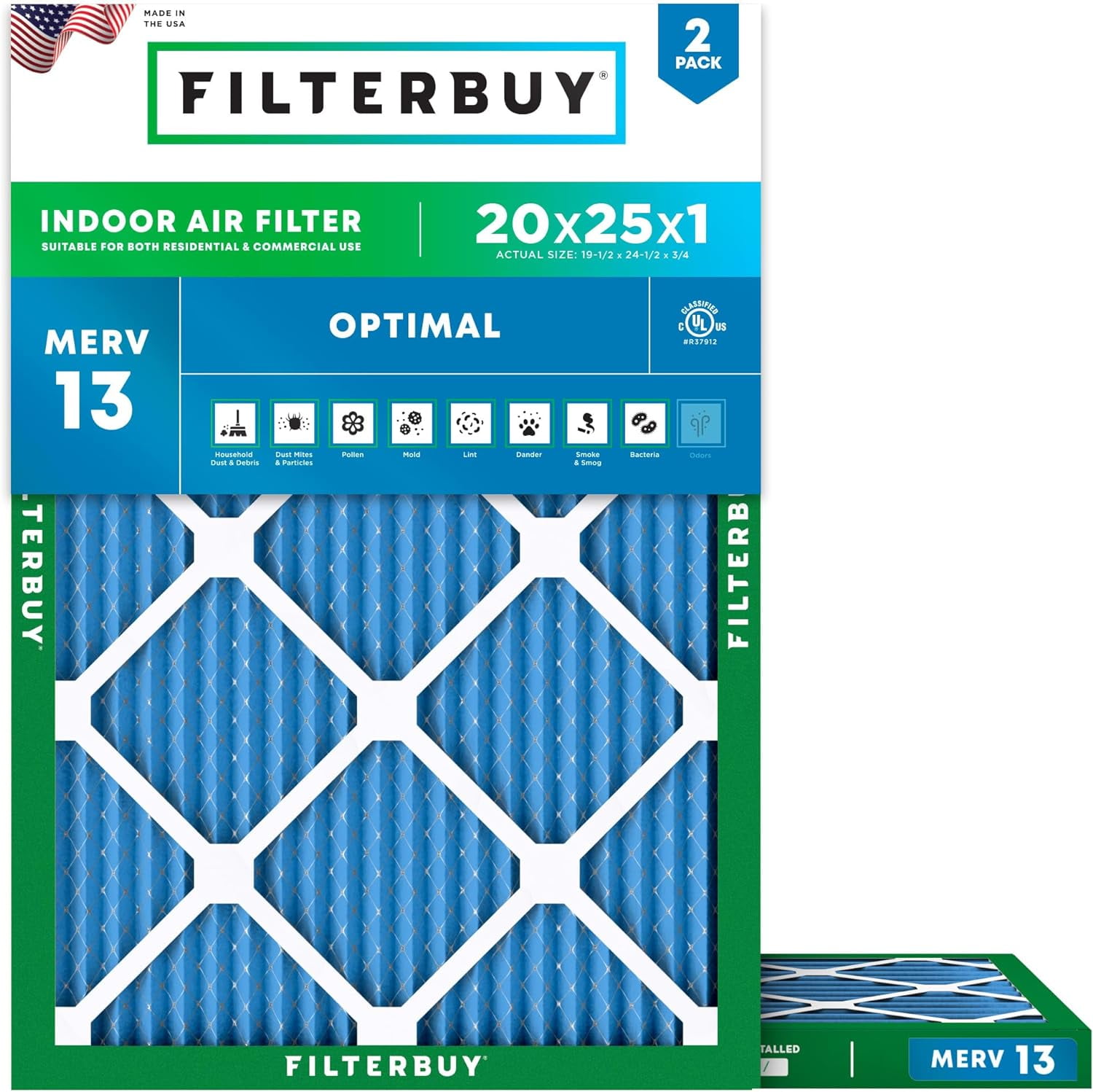 Filterbuy 20x25x1 Pleated HVAC & AC Furnace Air Filters, MERV 13 (2