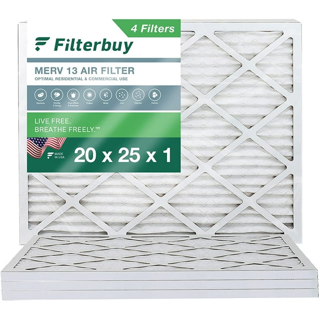 Filterbuy 20x25x1 MERV 13 Pleated HVAC AC Furnace Air Filters (4Pack