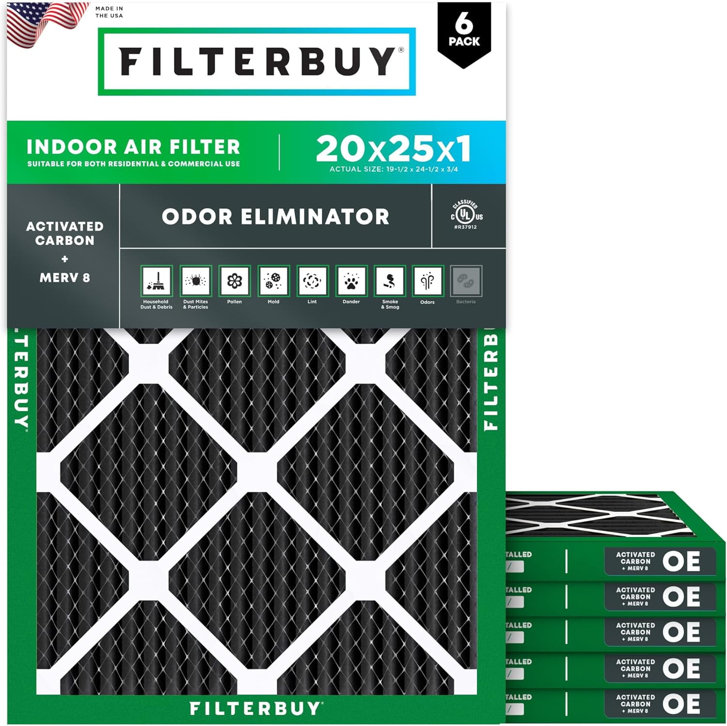 Filterbuy 20x25x1 Air Filter MERV 10 Odor Defense, Pleated HVAC AC Furnace Filter Replacement, 6-Pack