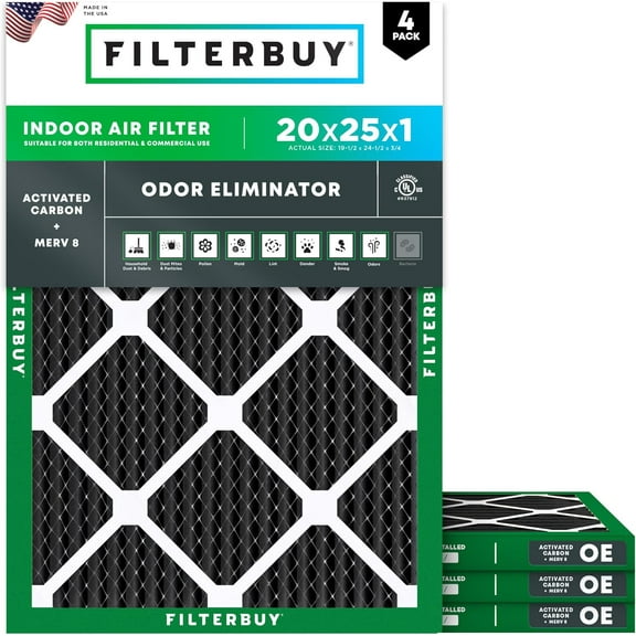 Filterbuy 20x25x1 MERV 8 Odor Eliminator Pleated HVAC AC Furnace Air Filters with Activated Carbon (4-Pack)