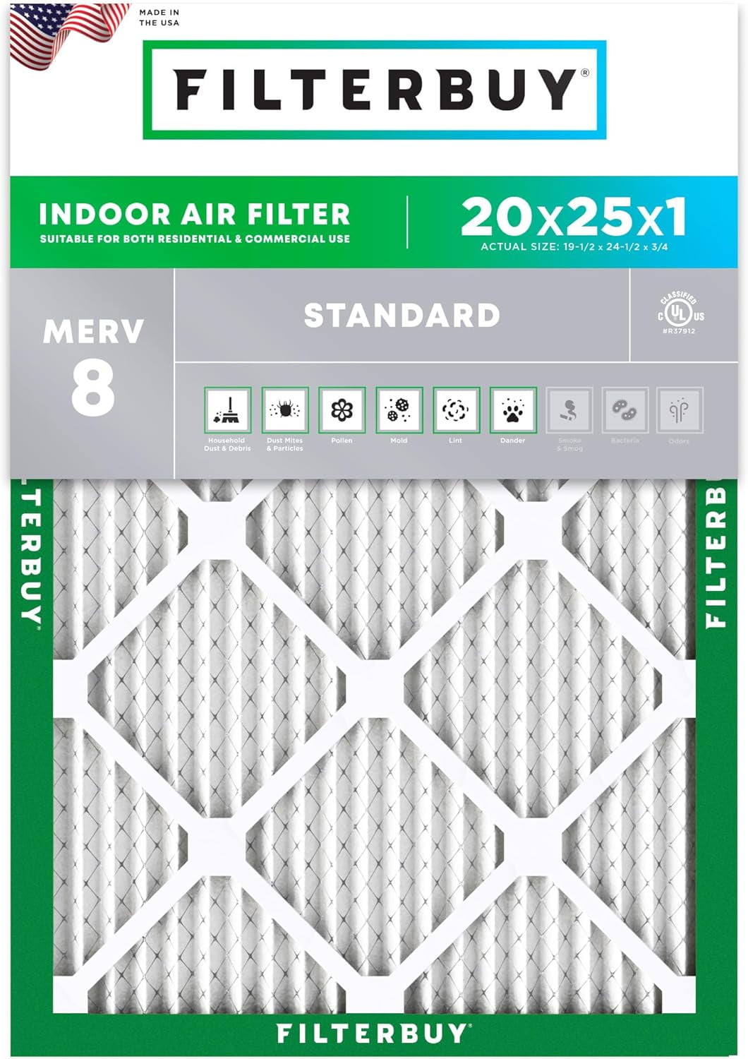 Filterbuy 20x25x1 Air Filter MERV 8 Dust Defense, Pleated HVAC AC Furnace Filter Replacement, 1-Pack