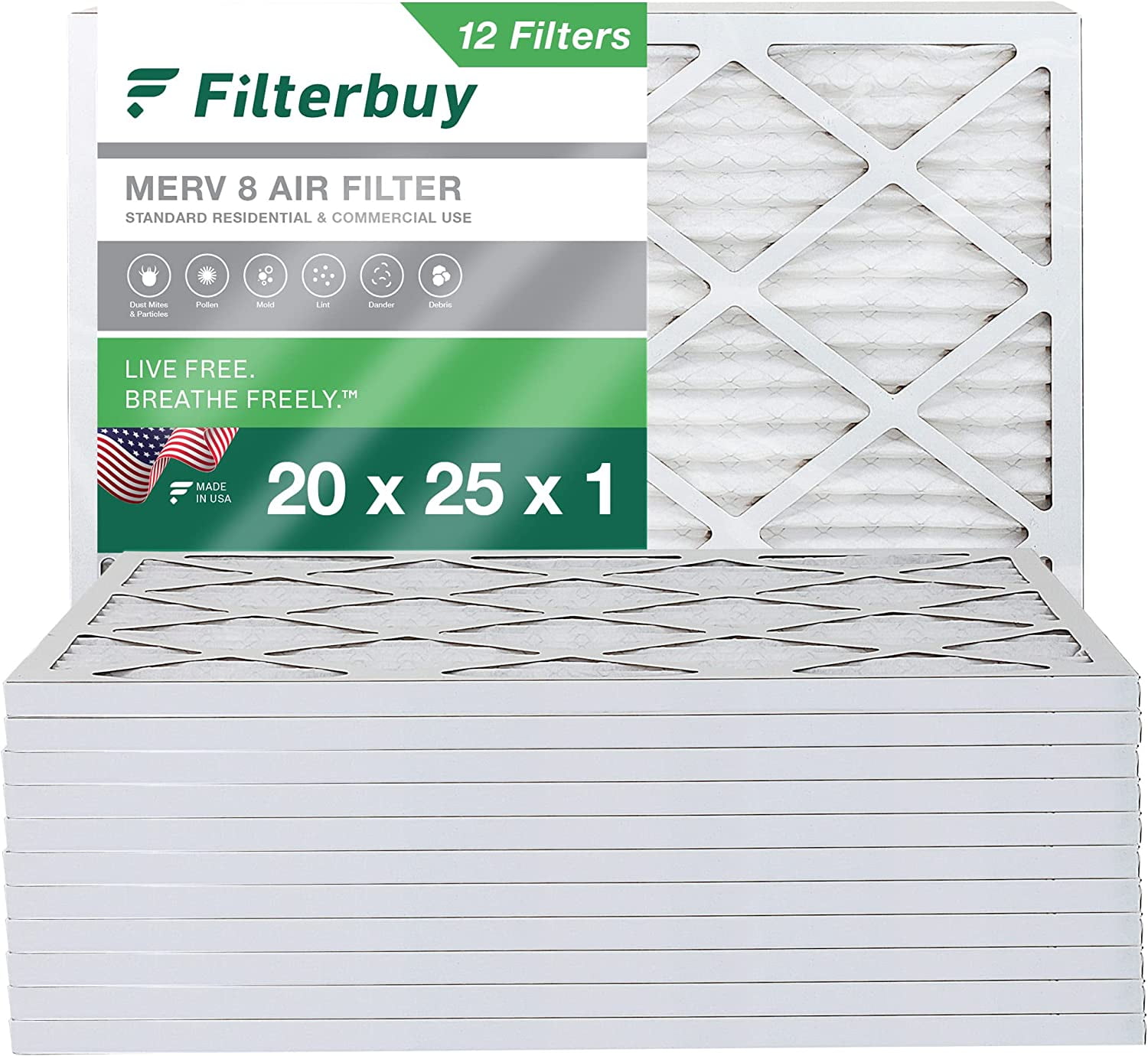 Filterbuy 20x25x1 MERV 8 Pleated HVAC AC Furnace Air Filters (12Pack)