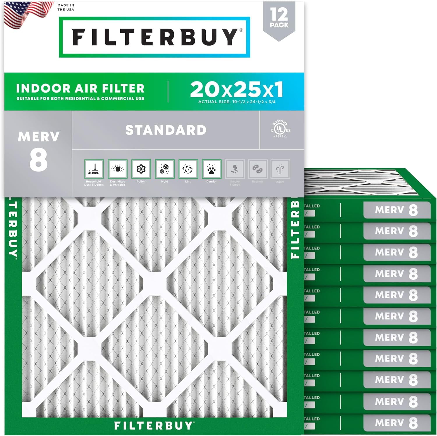 Filterbuy 20x25x1 Air Filter MERV 8 Dust Defense, Pleated HVAC AC Furnace Filter Replacement, 12-Pack
