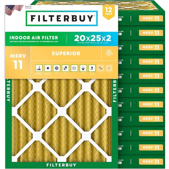 Filterbuy 20x25x2 Air Filter MERV 11 Allergy Defense, Pleated HVAC AC Furnace Filter Replacement, 12-Pack