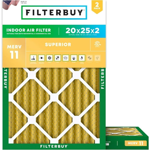 Filterbuy 20x25x2 Air Filter MERV 11 Allergy Defense, Pleated HVAC AC Furnace Filter Replacement, 2-Pack