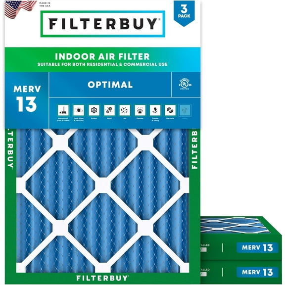 Filterbuy 20x25x2 Air Filter MERV 13 Smoke Defense, Pleated HVAC AC Furnace Filter Replacement, 3-Pack