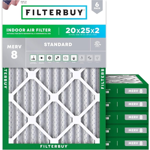 Filterbuy 20x25x2 Air Filter MERV 8 Dust Defense, Pleated HVAC AC Furnace Filter Replacement, 6-Pack