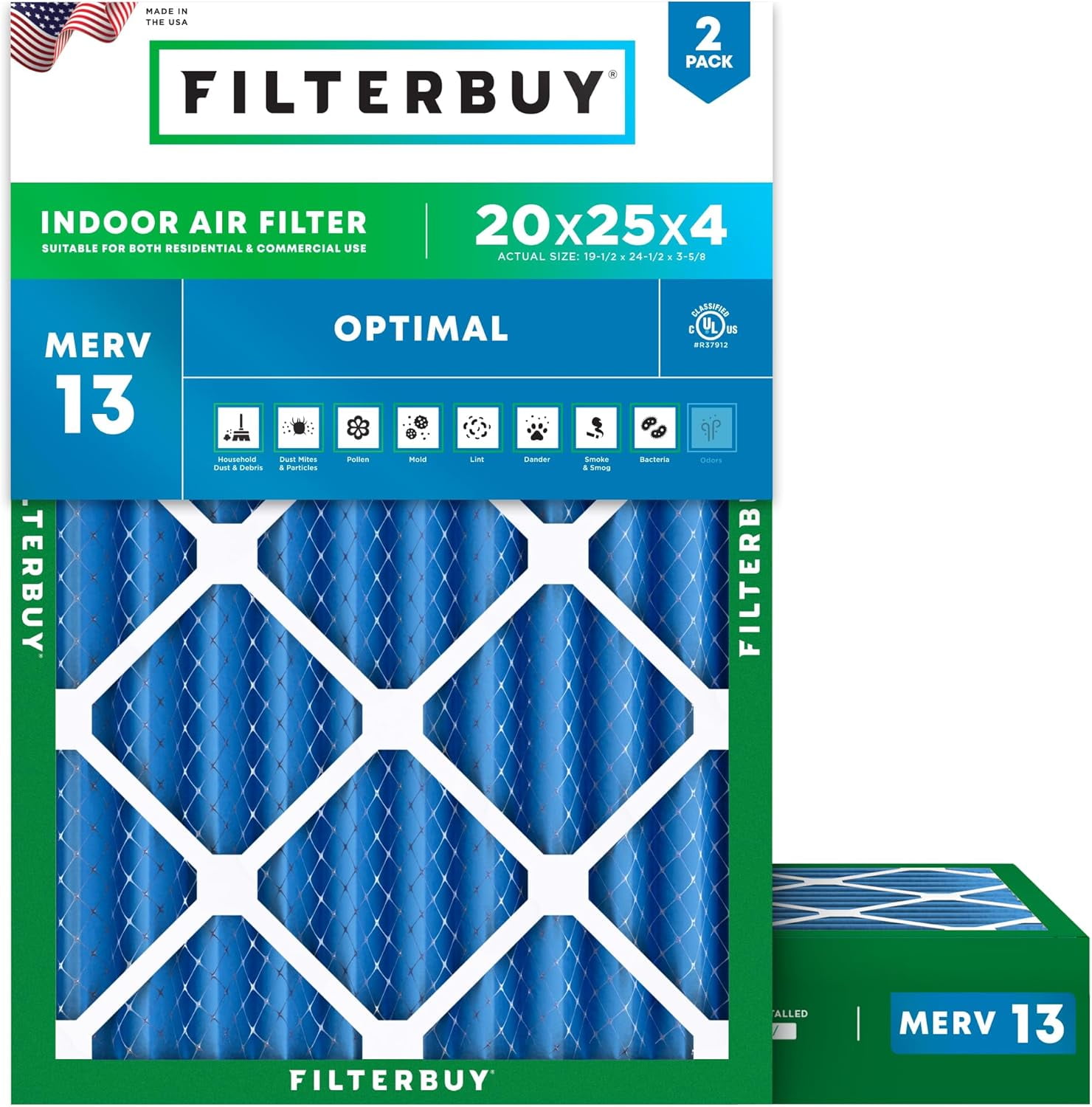Filterbuy 20x25x4 Air Filter MERV 13 Smoke Defense, Pleated HVAC AC Furnace Filter Replacement, 2-Pack