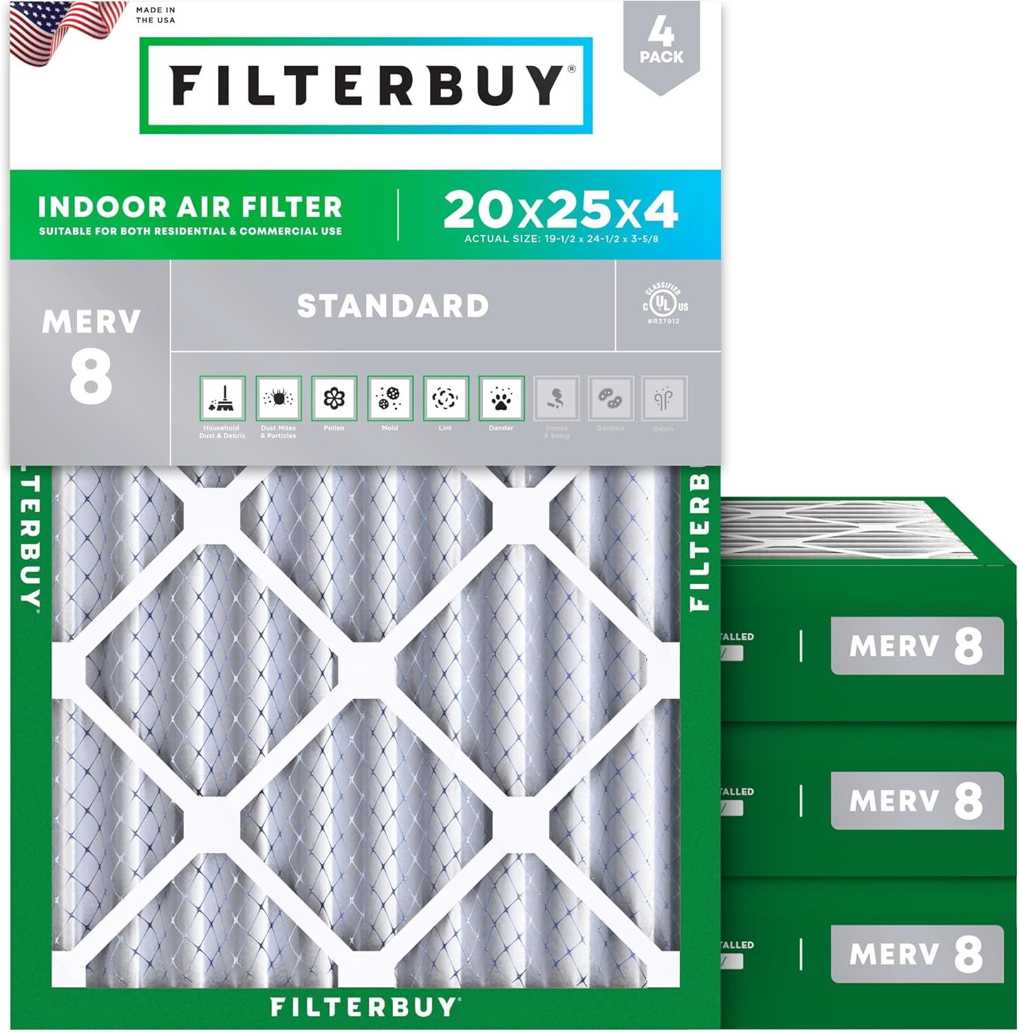 Filterbuy 20x25x4 Air Filter MERV 8 Dust Defense, Pleated HVAC AC Furnace Filter Replacement, 4-Pack