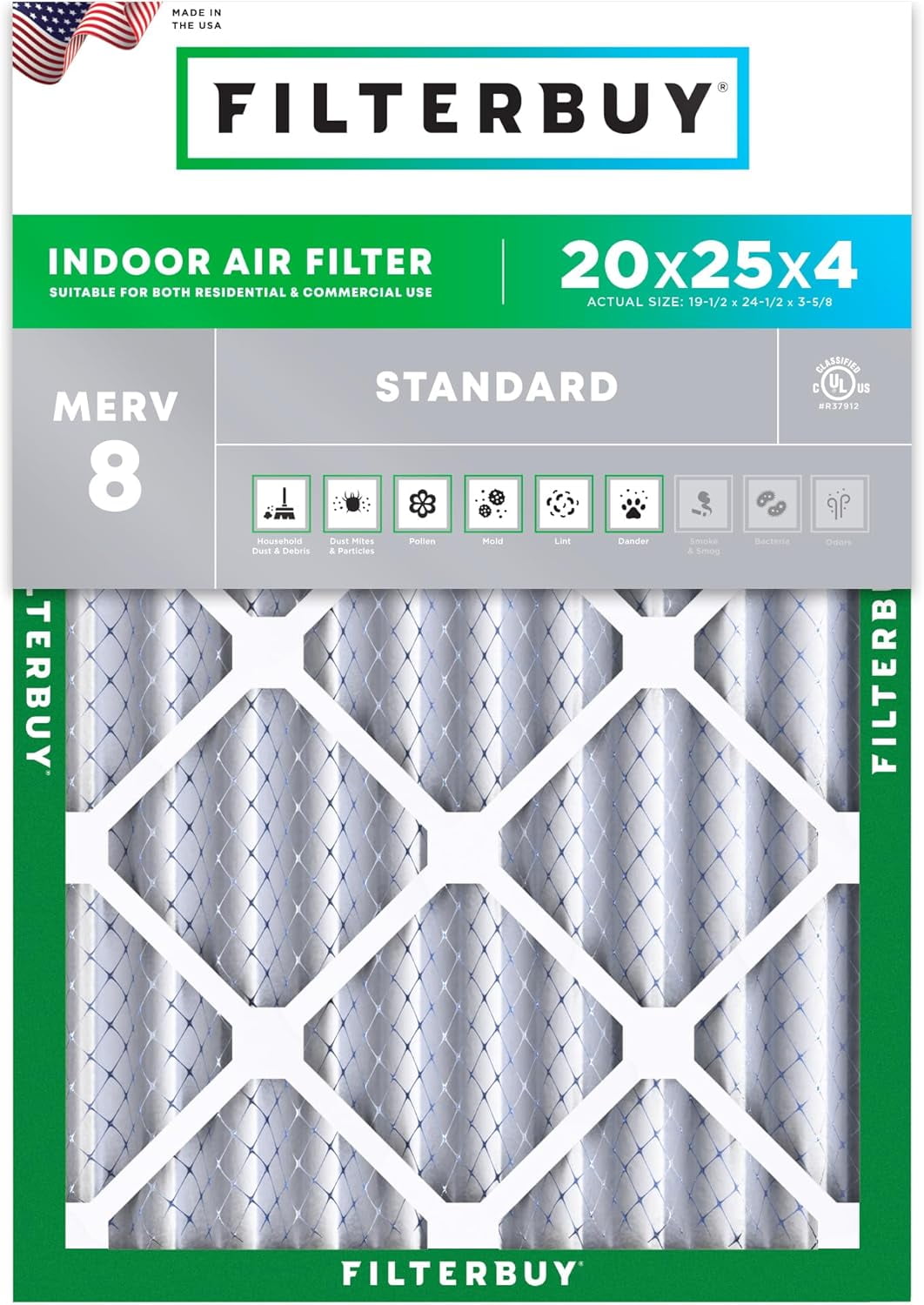 Filterbuy 20x25x4 Air Filter MERV 8 Dust Defense, Pleated HVAC AC Furnace Filter Replacement, 1-Pack