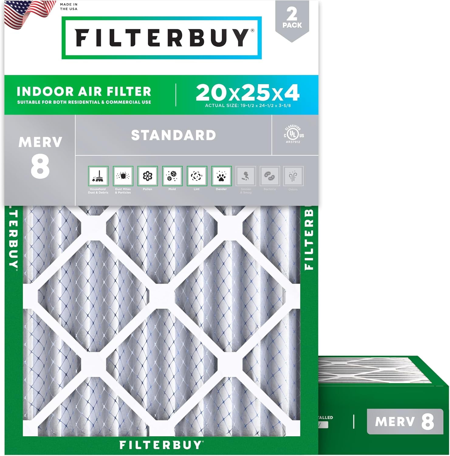 Filterbuy 20x25x4 Air Filter MERV 8 Dust Defense, Pleated HVAC AC Furnace Filter Replacement, 2-Pack