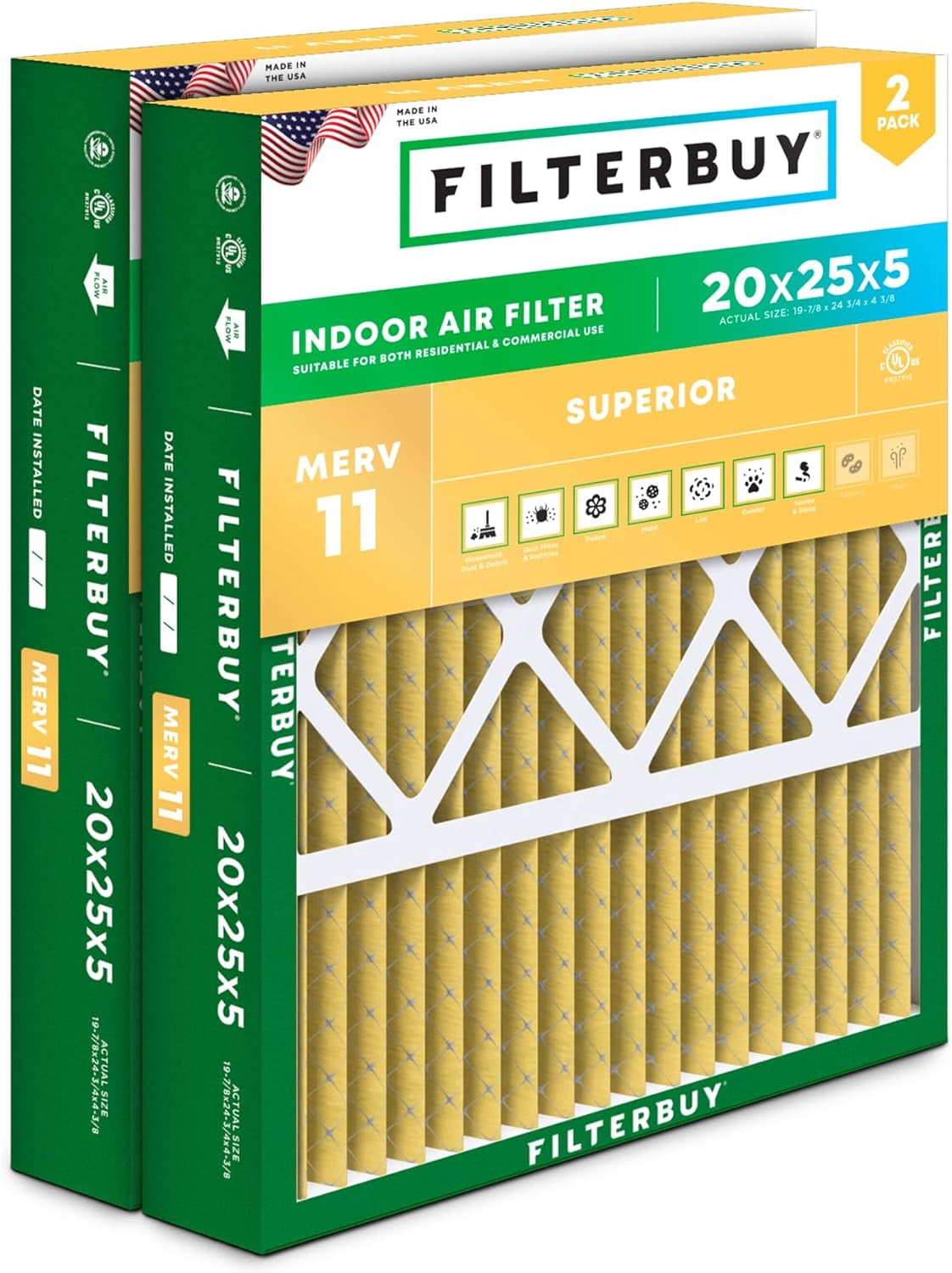 Filterbuy 20x25x5 Air Filter MERV 11 Allergy Defense, Pleated HVAC AC Furnace Filter Replacement for Honeywell & More, 2-Pack