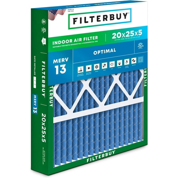 Filterbuy 20x25x5 Air Filter MERV 13 Smoke Defense, Pleated HVAC AC Furnace Filter Replacement for Honeywell & More, 1-Pack