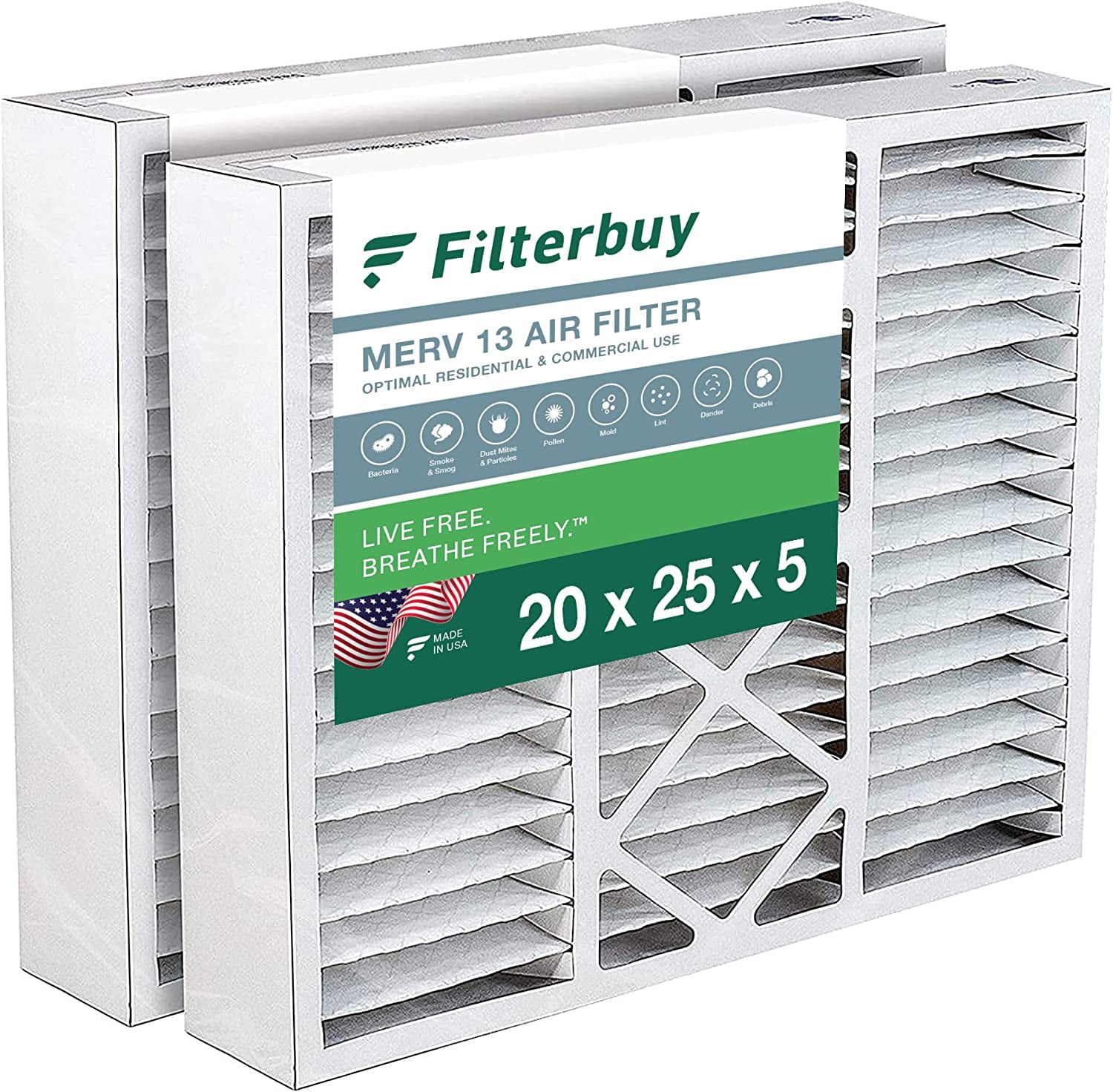 Filterbuy 20x25x5 MERV 13 Pleated HVAC AC Furnace Air Filters for