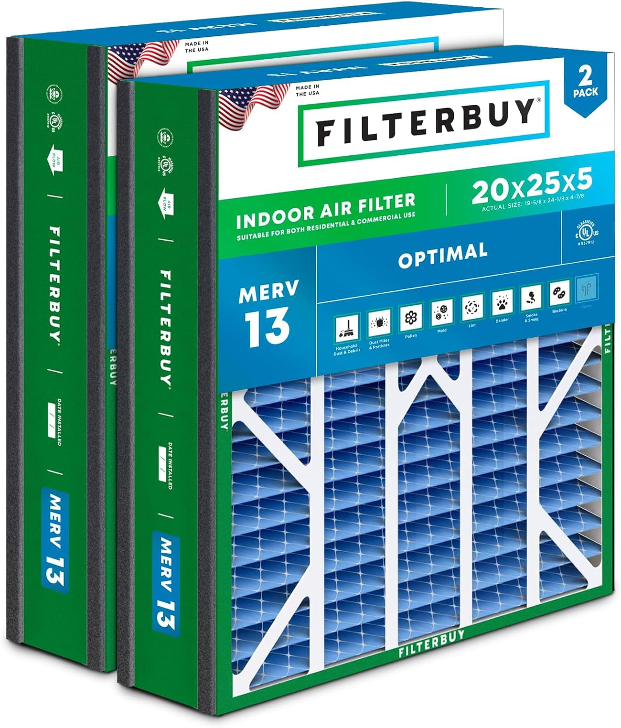 Filterbuy 20x25x5 Air Filter MERV 13 Smoke Defense, Pleated HVAC AC Furnace Filter Replacement for Honeywell & More, 2-Pack