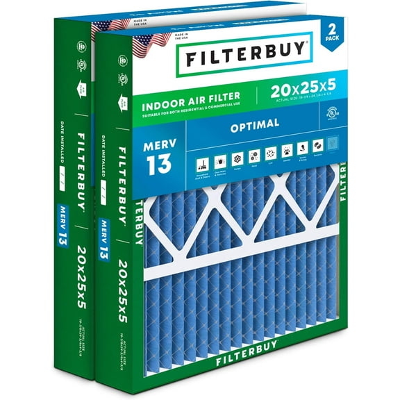 Filterbuy 20x25x5 Air Filter MERV 13 Smoke Defense, Pleated HVAC AC Furnace Filter Replacement for Honeywell & More, 2-Pack
