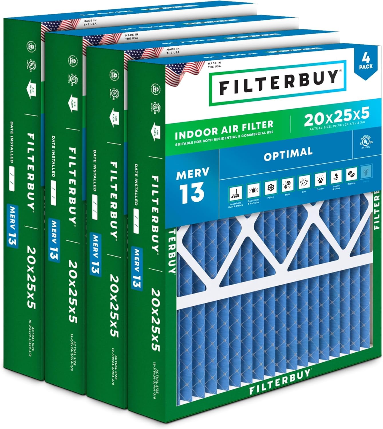 Filterbuy 20x25x5 MERV 13 Pleated HVAC Furnace Air Filters 4-Pack
