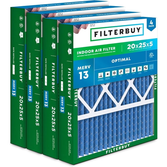Filterbuy 20x25x5 Air Filter MERV 13 Smoke Defense, Pleated HVAC AC Furnace Filter Replacement for Honeywell & More, 4-Pack