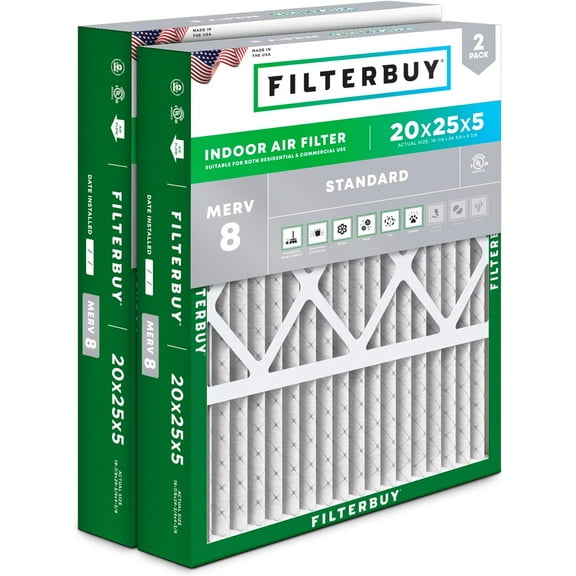 Filterbuy 20x25x5 MERV 8 Dust Defense, Pleated HVAC AC Furnace Air Filters for Honeywell FC100A1037, Lennox X6673, Carrier, & More (2-Pack)