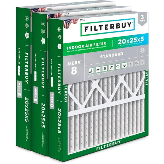 Filterbuy 20x25x5 MERV 8 Dust Defense, Pleated HVAC AC Furnace Air Filters for Honeywell FC100A1037, Lennox X6673, Carrier, & More (3-Pack)