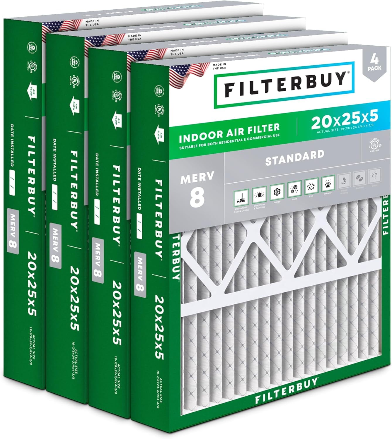 Filterbuy 20x25x5 MERV 8 Pleated HVAC Furnace Air Filters, 4-Pack