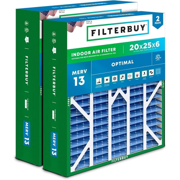 Filterbuy 20x25x6 Air Filter MERV 13 Smoke Defense, Pleated HVAC AC Furnace Filter Replacement for Aprilaire Space-Gard 2200 & Lennox, 2-Pack