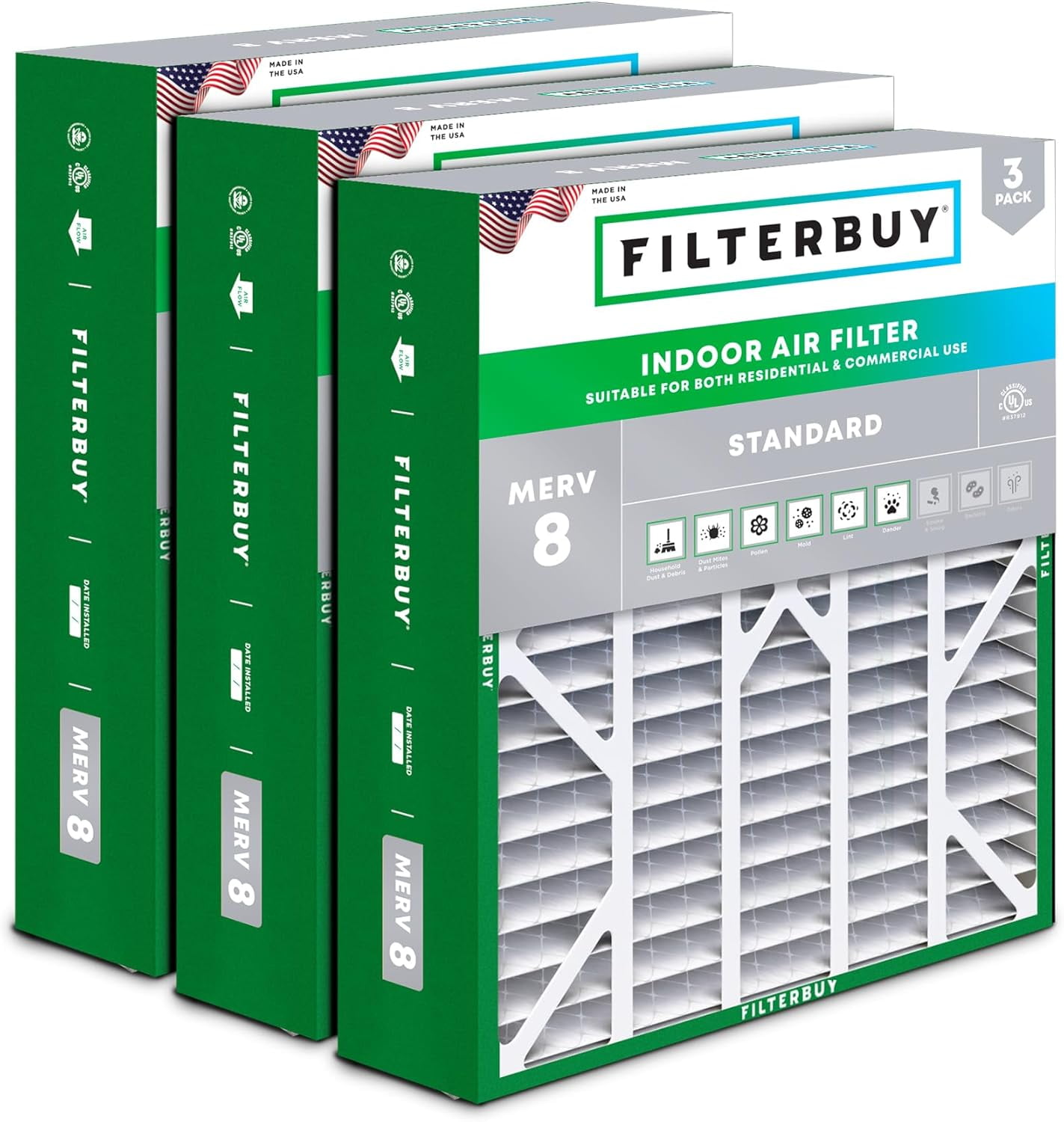 Filterbuy 20x25x6 Air Filter MERV 8 Dust Defense, Pleated HVAC AC Furnace Filter Replacement for Aprilaire Space-Gard 2200 & Lennox, 3-Pack