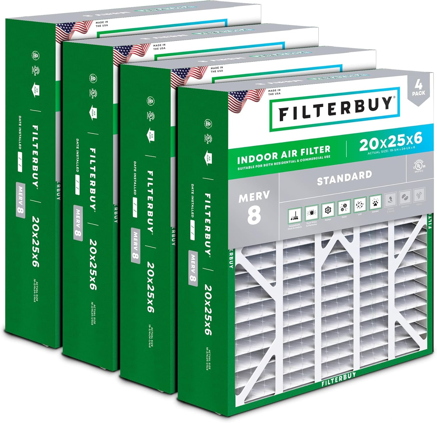 Filterbuy 20x25x6 Air Filter MERV 8 Dust Defense, Pleated HVAC AC Furnace Filter Replacement for Aprilaire Space-Gard 2200 & Lennox, 4-Pack
