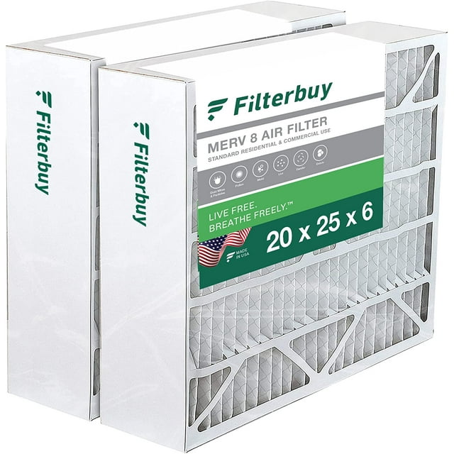 Filterbuy 20x25x6 MERV 8 Pleated HVAC AC Furnace Air Filters for
