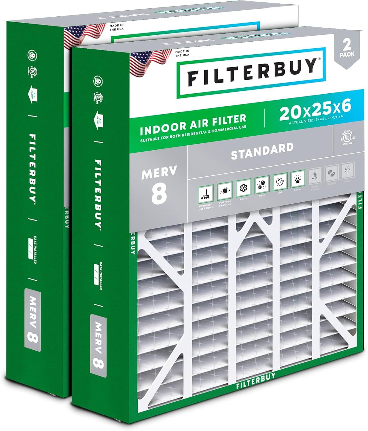 Filterbuy 20x25x6 Air Filter MERV 8 Dust Defense, Pleated HVAC AC Furnace Filter Replacement for Aprilaire Space-Gard 2200 & Lennox, 2-Pack