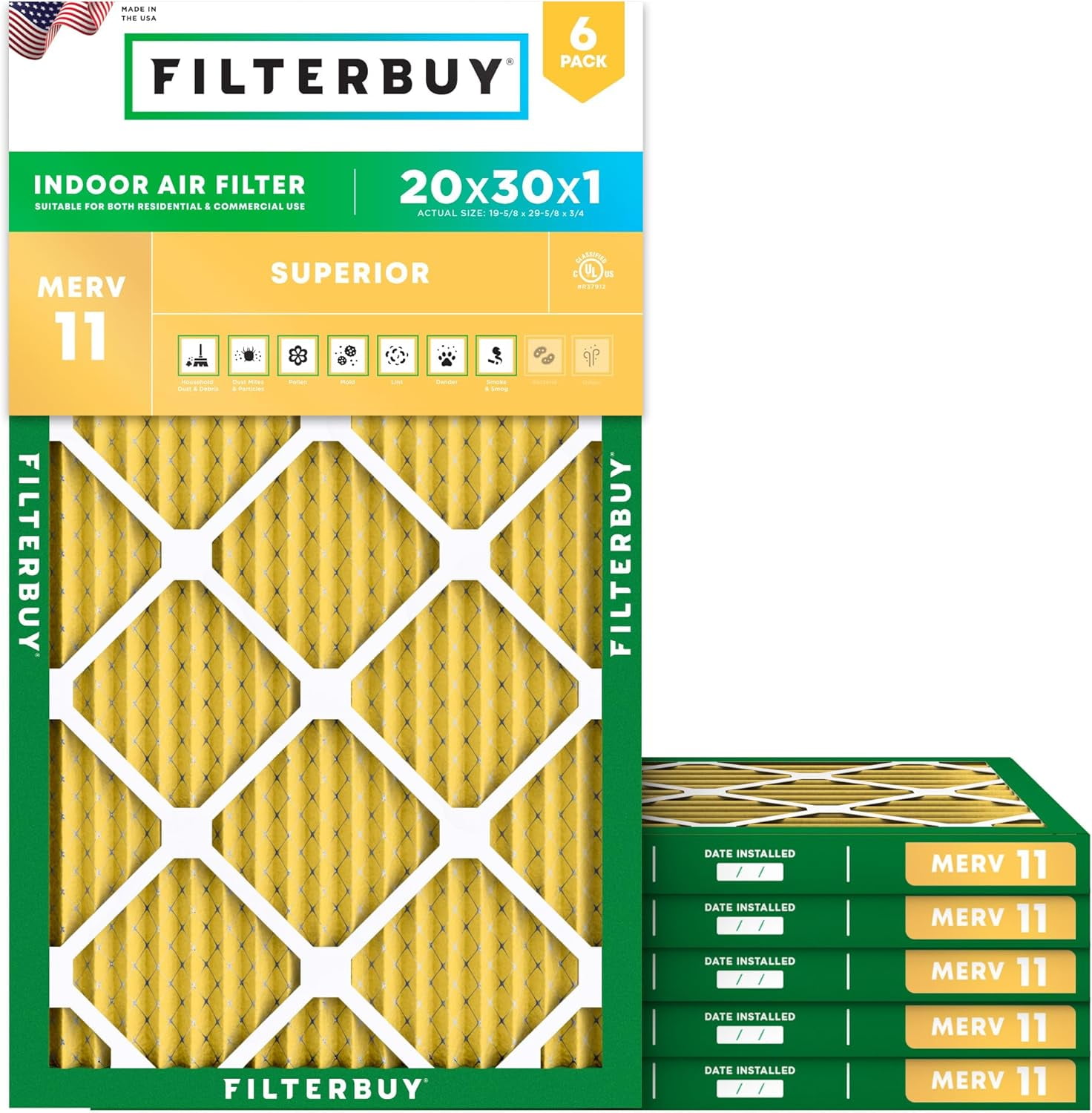Filterbuy 20x30x1 Air Filter MERV 11 Allergy Defense, Pleated HVAC AC Furnace Filter Replacement, 6-Pack