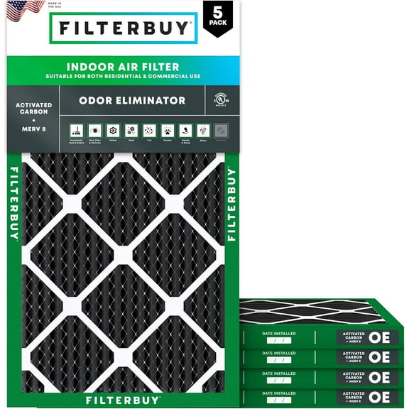 Filterbuy 20x30x1 MERV 8 Odor Eliminator, Pleated HVAC AC Furnace Air Filters (5-Pack)