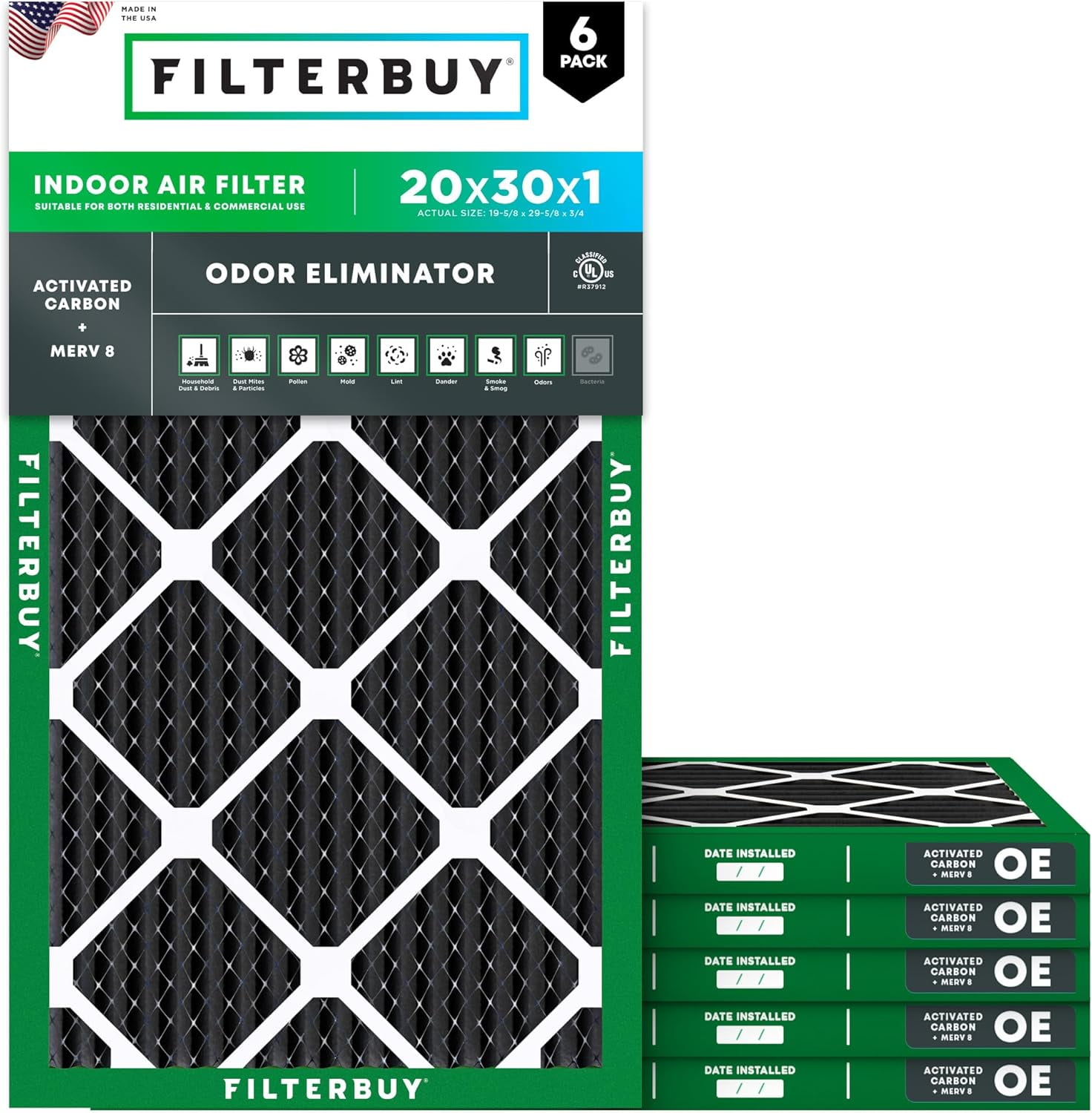 Filterbuy 20x30x1 Air Filter MERV 10 Odor Defense, Pleated HVAC AC Furnace Filter Replacement, 6-Pack