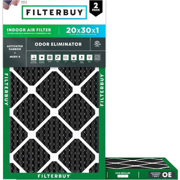 Filterbuy 20x30x1 MERV 8 Odor Eliminator, Pleated HVAC AC Furnace Air Filters (2-Pack)