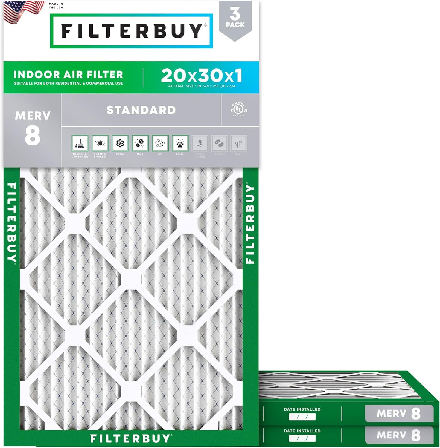 Filterbuy 20x30x1 MERV 8 Pleated HVAC AC Furnace Air Filters (3-Pack)