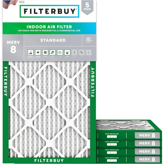 Filterbuy 20x30x1 MERV 8 Dust Defense, Pleated HVAC AC Furnace Air Filters (5-Pack)